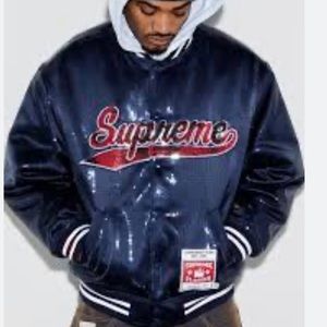 SUPREME SEQUINS VARSITY JACKET COAT BLUE RED MENS SIZE LARGE NEW COND. RARE !!!